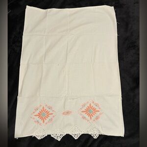 Embroidered White Pillow Cover with Floral Design. Very Old.